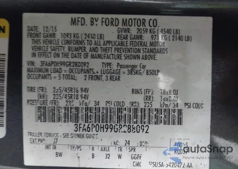 2016 Ford Fusion Se из США, поврежденный, VIN 3FA6P0H99GR288092